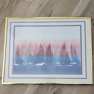 Elegant Nautical Art Print with Pink and Blue Sailboats
